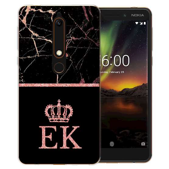 Nokia 6 (2018) Black & Pink Marble Personalised TPU Gel Case