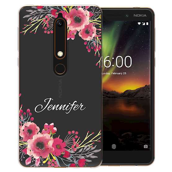 Nokia 6 (2018) Clear Floral Personalised TPU Gel Case