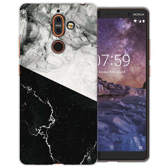 Nokia 7 Plus Black White Marble Slice TPU Gel Case