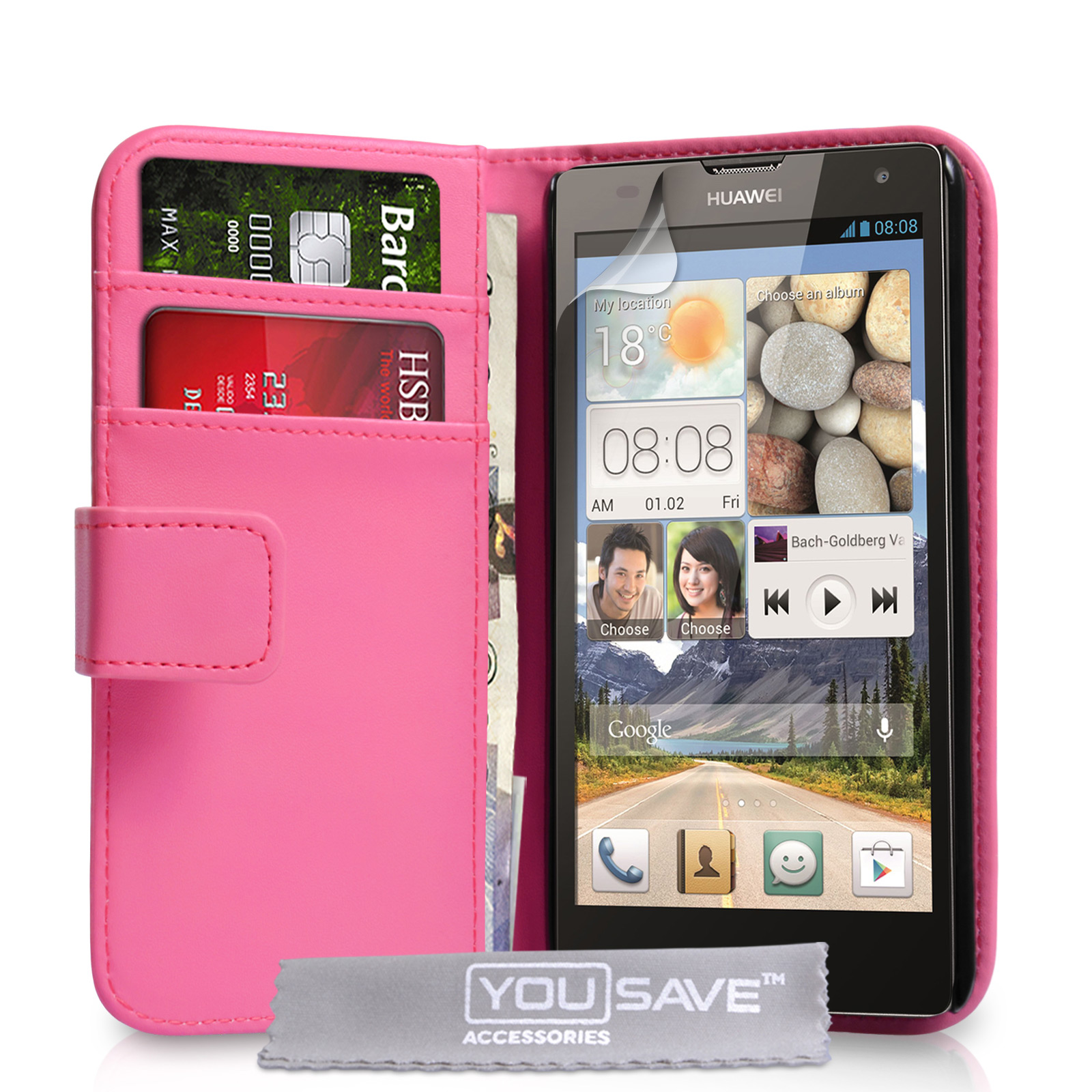 YouSave Huawei Ascend G740 Leather-Effect Wallet Case - Hot Pink