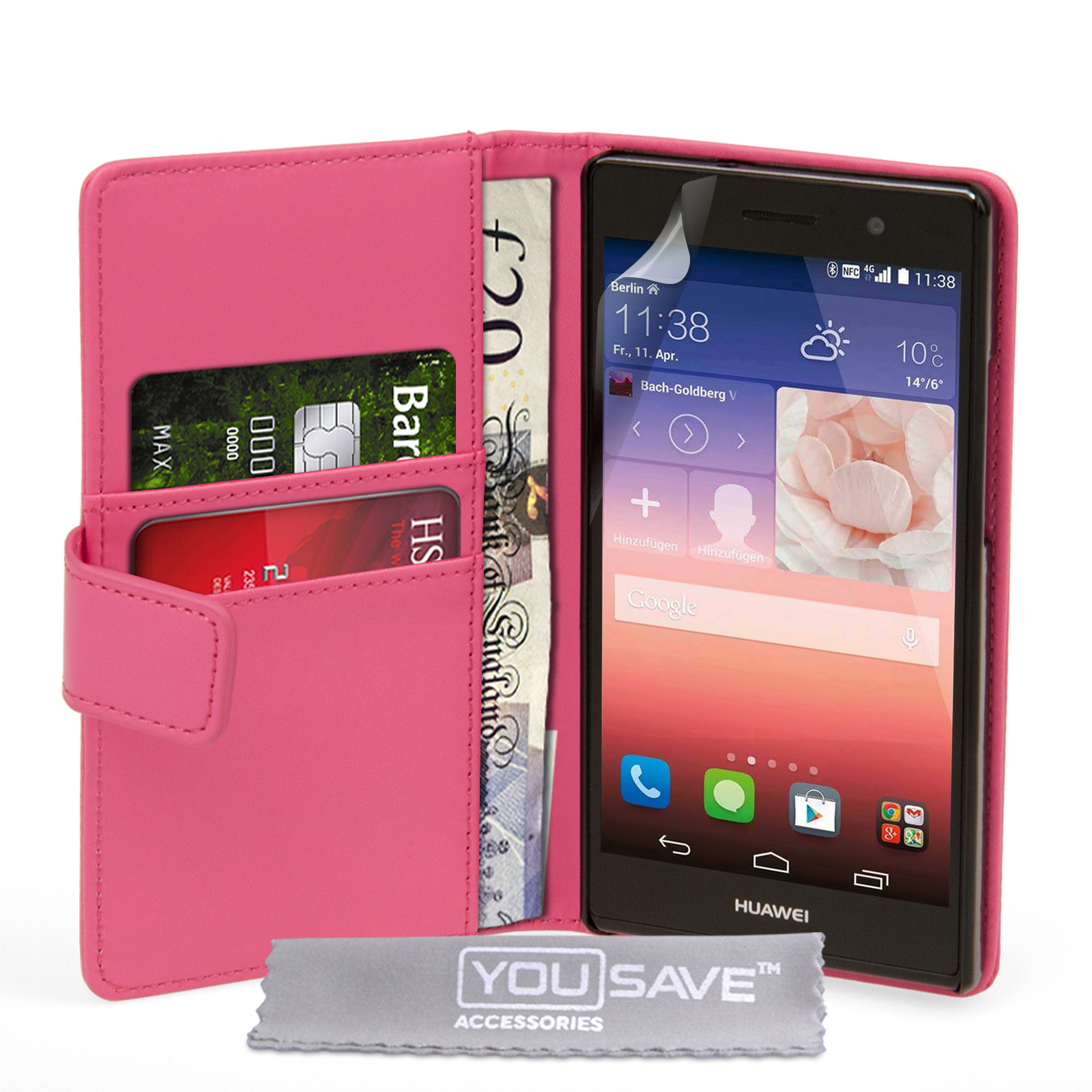 YouSave Huawei Ascend P7 Leather-Effect Wallet Case - Hot Pink