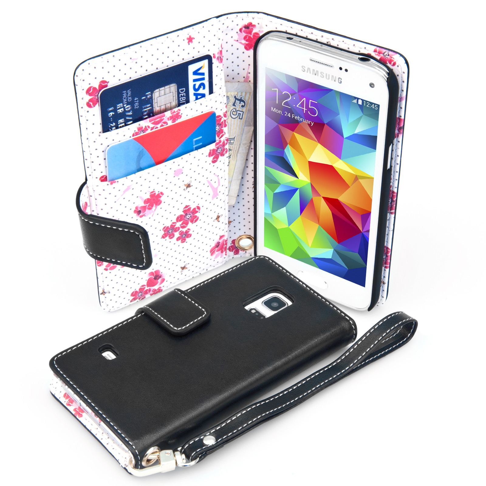 Caseflex  Samsung Galaxy S5 Mini Leather-Effect Wallet Case – Black with Floral Lining