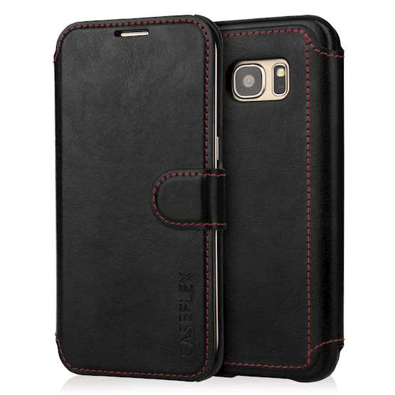 Caseflex Samsung Galaxy S7 Edge Leather Effect Wallet Case - Black with Red Lining